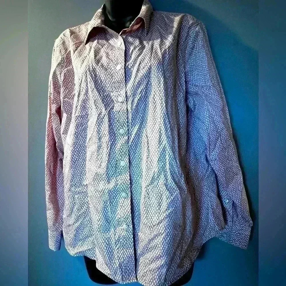 Woman's Sz 14p Lands End Dusty Rose/White Long Sleeve Blouse Button Down
